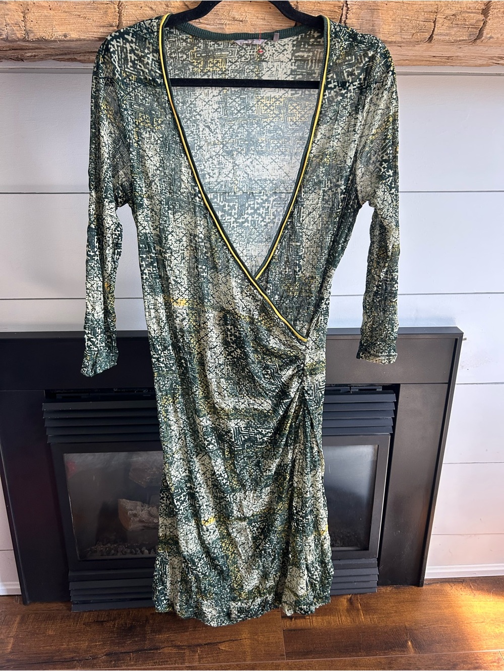 Green Patterned Midi Wrap Dress with Contrast Trim